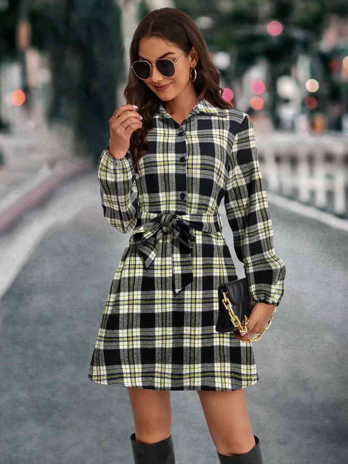 Plaid Tie Front Collared Neck Long Sleeve Dress - Guy Christopher