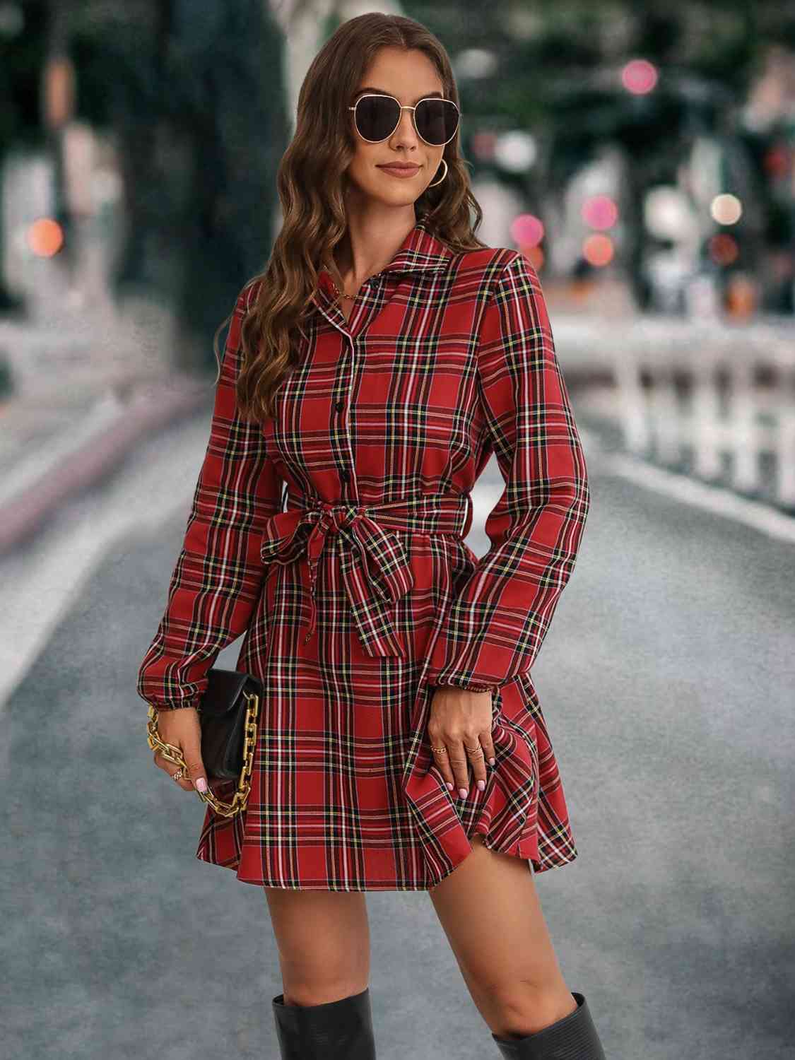 Plaid Tie Front Collared Neck Long Sleeve Dress - Guy Christopher