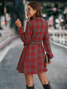 Plaid Tie Front Collared Neck Long Sleeve Dress - Guy Christopher