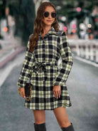 Plaid Tie Front Collared Neck Long Sleeve Dress - Guy Christopher