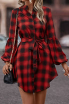 Plaid Tie Waist Balloon Sleeve Mini Dress - Guy Christopher