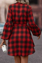 Plaid Tie Waist Balloon Sleeve Mini Dress - Guy Christopher