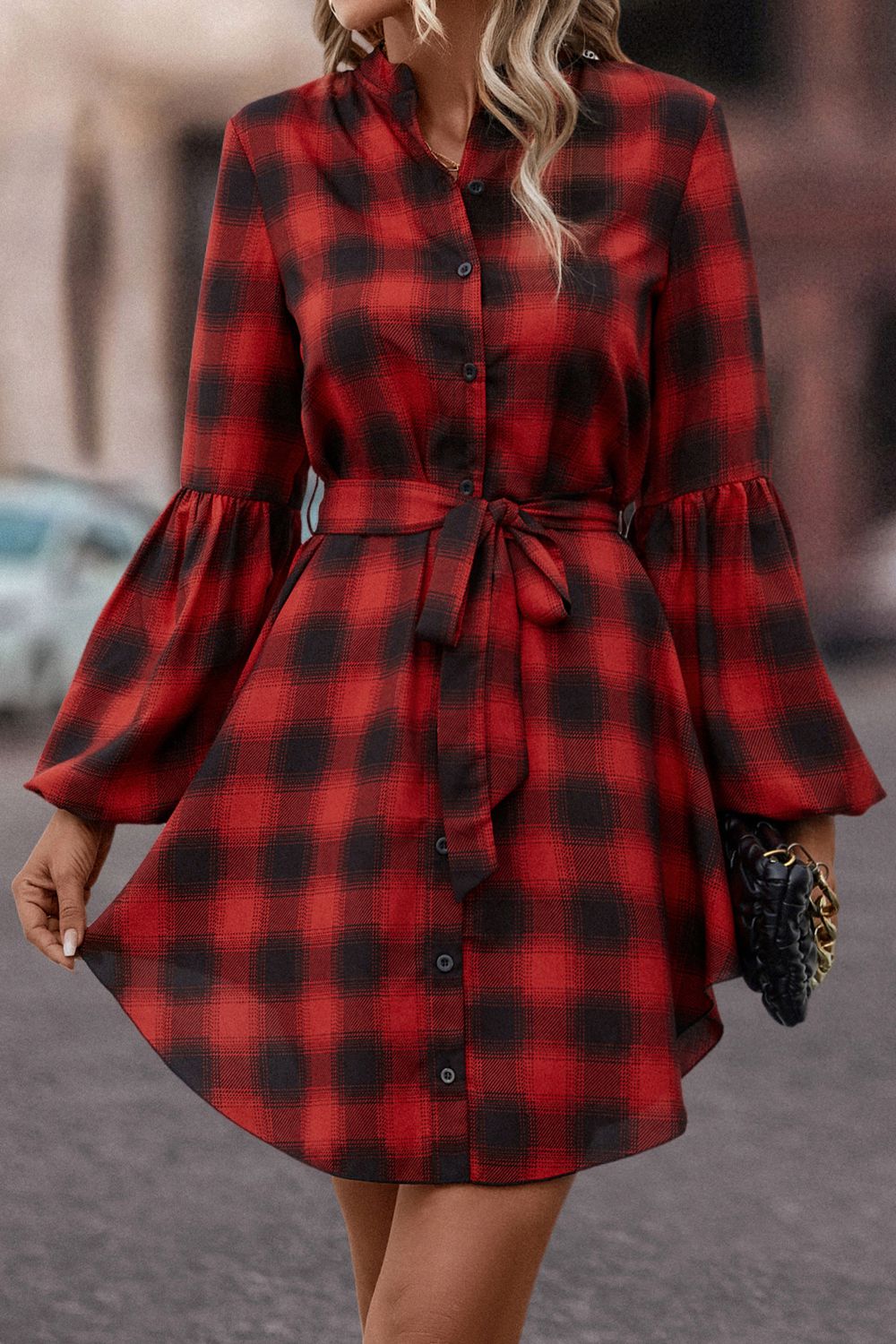 Plaid Tie Waist Balloon Sleeve Mini Dress - Guy Christopher