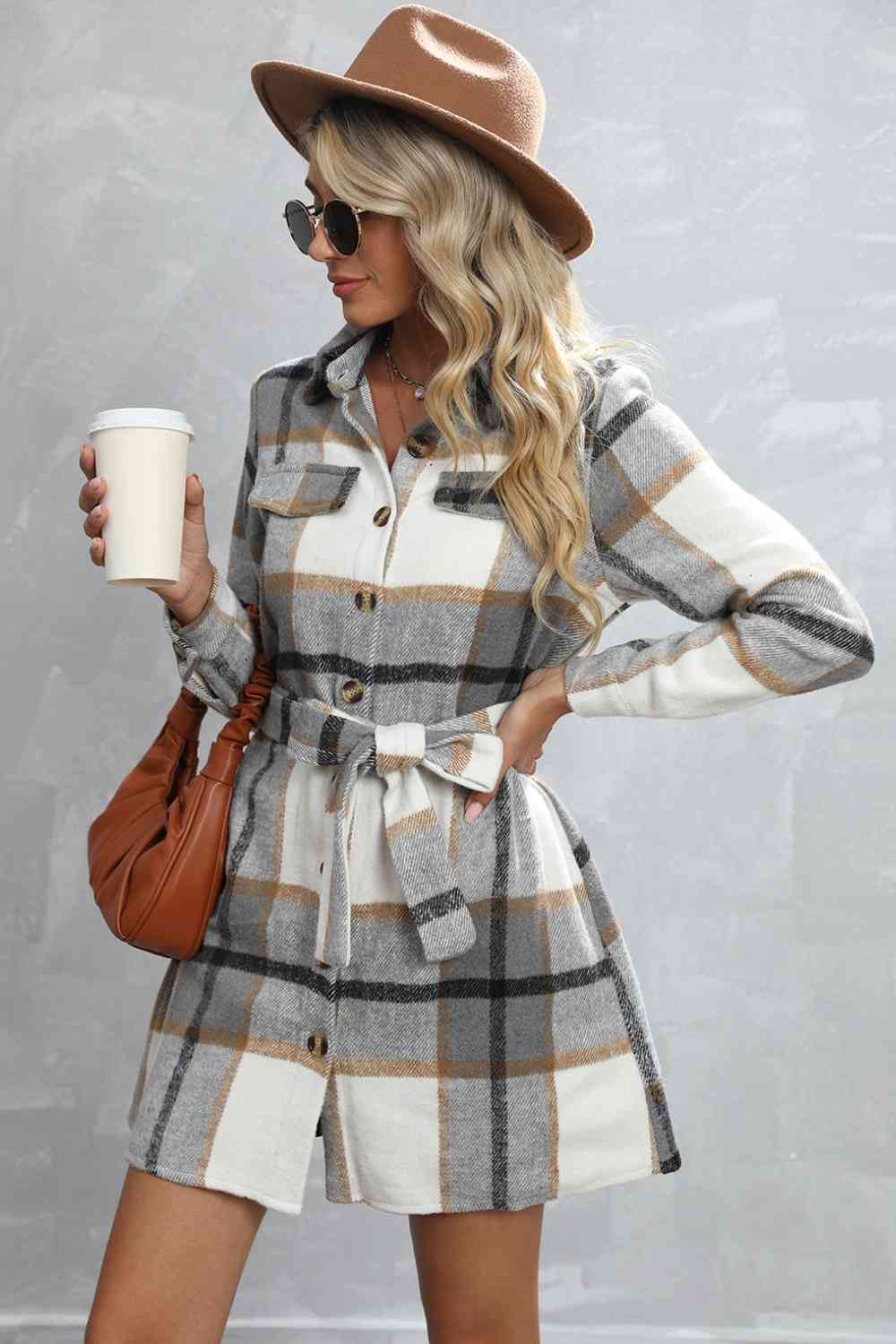 Plaid Tie Waist Longline Jacket - Guy Christopher