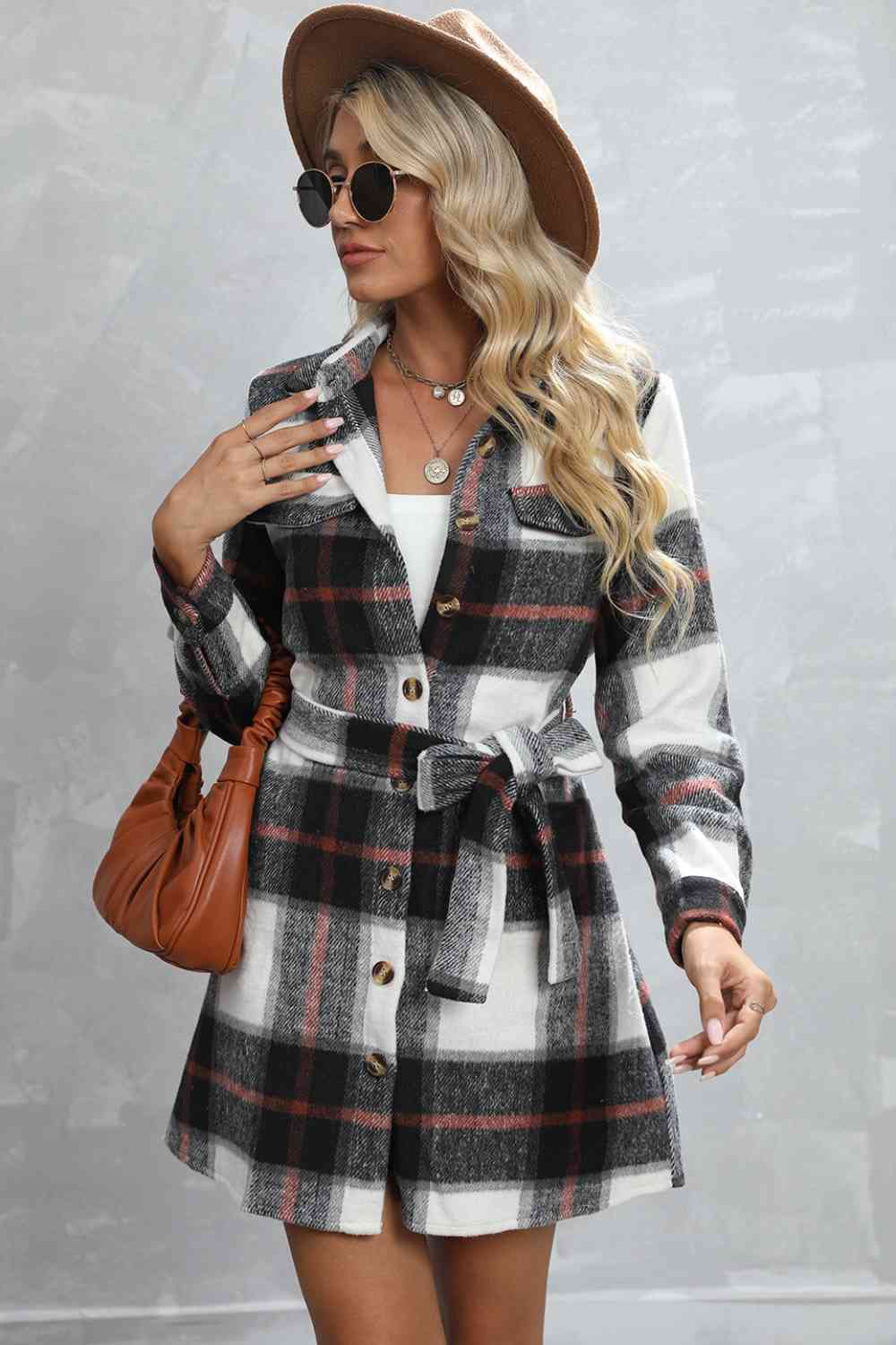 Plaid Tie Waist Longline Jacket - Guy Christopher