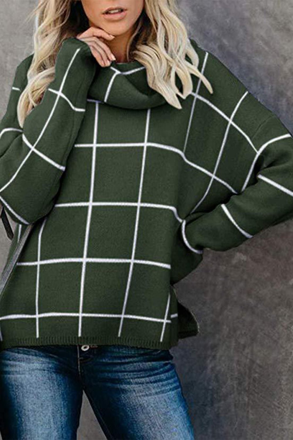 Plaid Turtleneck Drop Shoulder Sweater - Guy Christopher