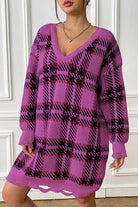 Plaid V-Neck Long Sleeve Sweater Dress - Guy Christopher