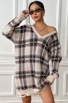 Plaid V-Neck Long Sleeve Sweater Dress - Guy Christopher
