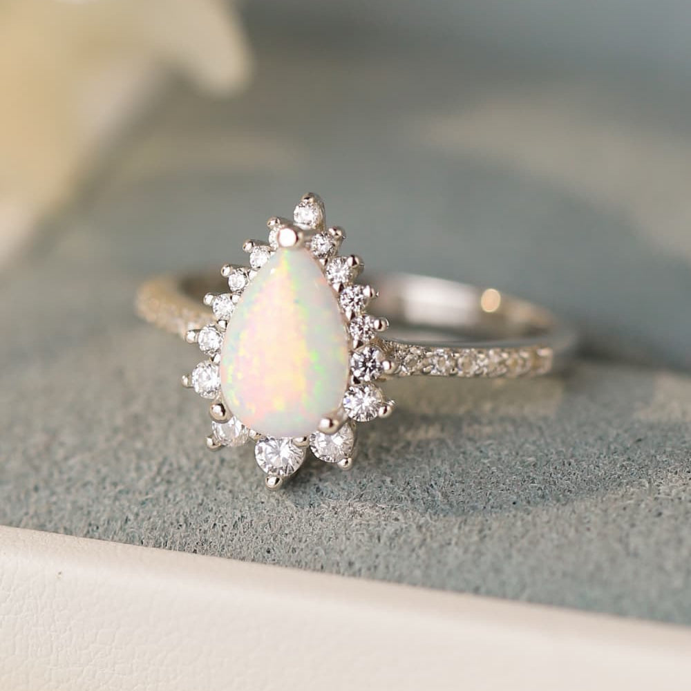 Platinum-Plated Opal Pear Shape Ring - Guy Christopher