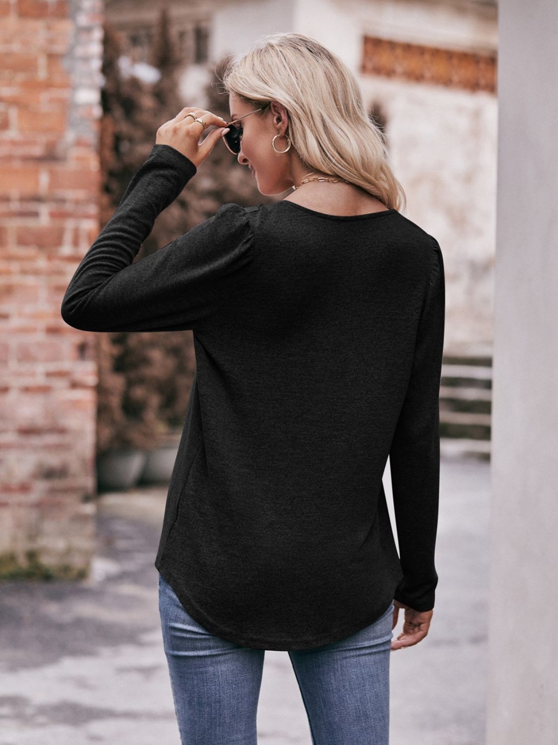 Pleated Detail Curved Hem Long Sleeve Top - Guy Christopher