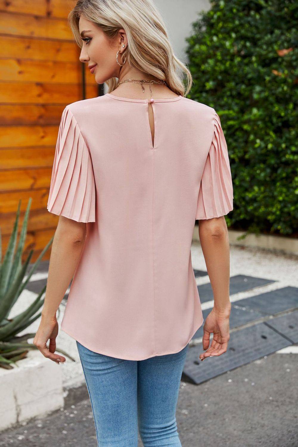 Pleated Flutter Sleeve Round Neck Blouse - Guy Christopher