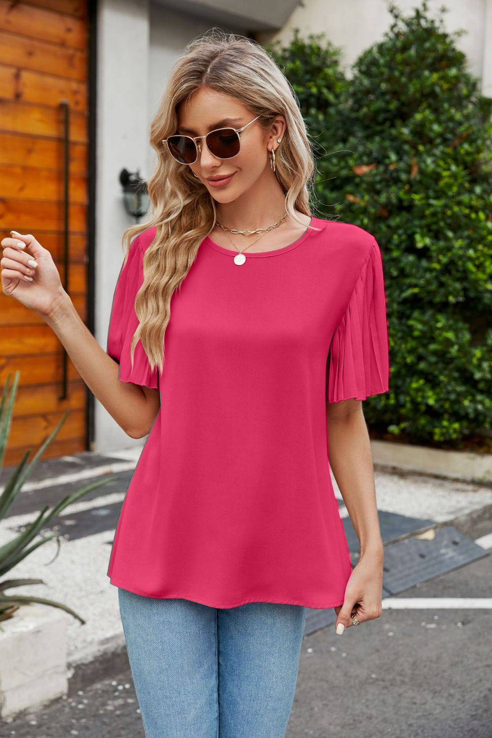 Pleated Flutter Sleeve Round Neck Blouse - Guy Christopher