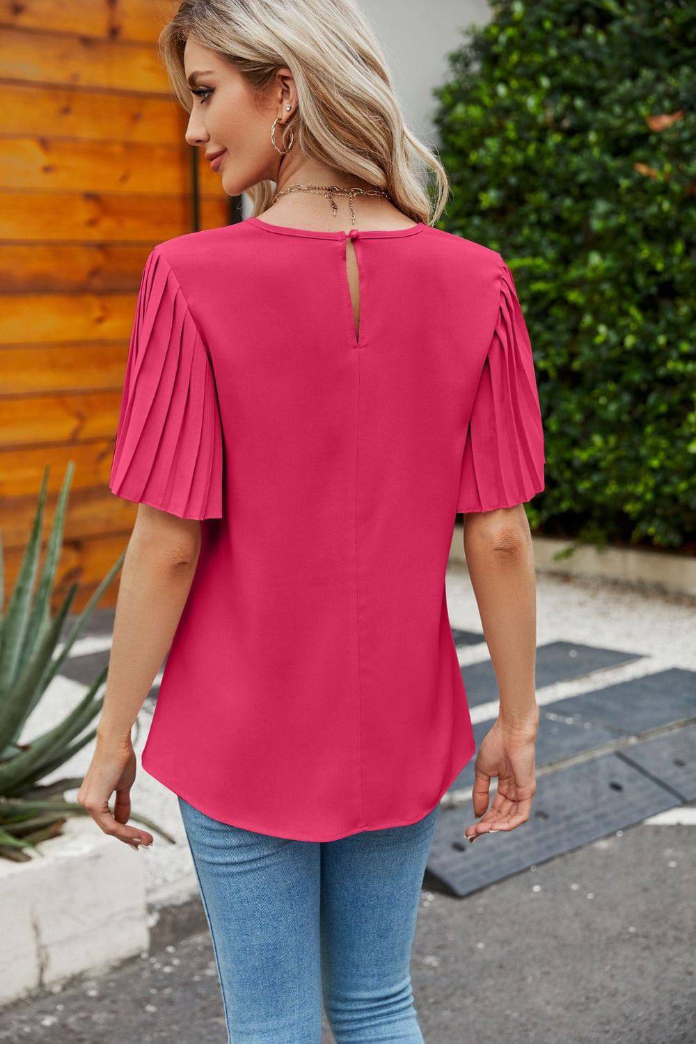 Pleated Flutter Sleeve Round Neck Blouse - Guy Christopher