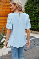 Pleated Flutter Sleeve Round Neck Blouse - Guy Christopher