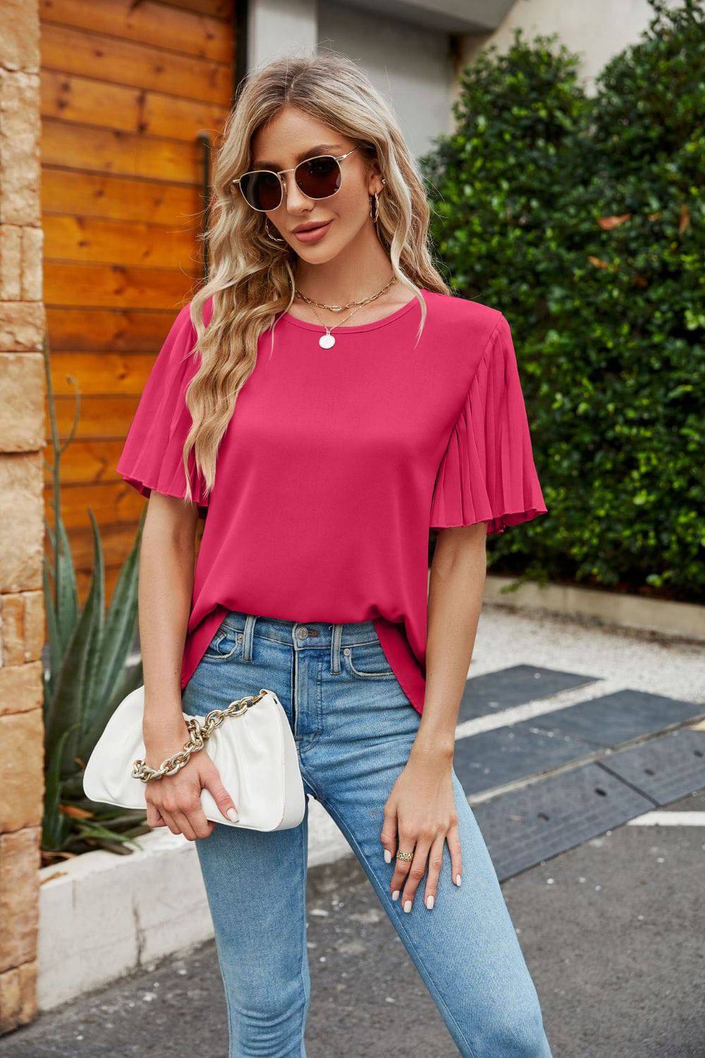 Pleated Flutter Sleeve Round Neck Blouse - Guy Christopher