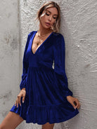 Plunge Long Sleeve Ruffle Hem Dress - Guy Christopher