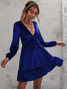 Plunge Long Sleeve Ruffle Hem Dress - Guy Christopher