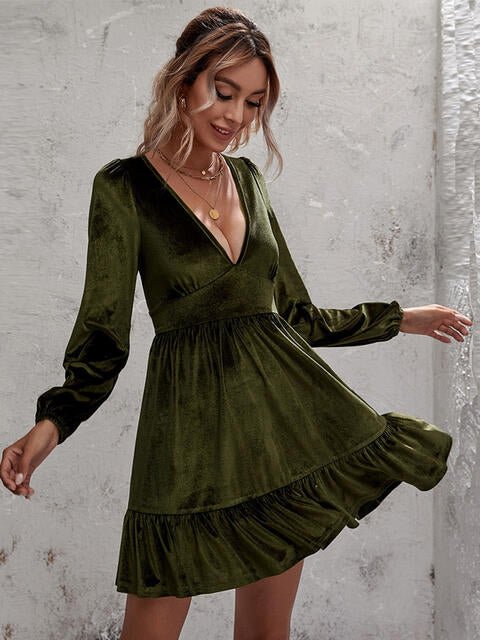 Plunge Long Sleeve Ruffle Hem Dress - Guy Christopher