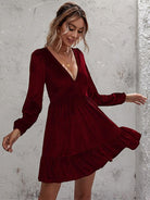 Plunge Long Sleeve Ruffle Hem Dress - Guy Christopher