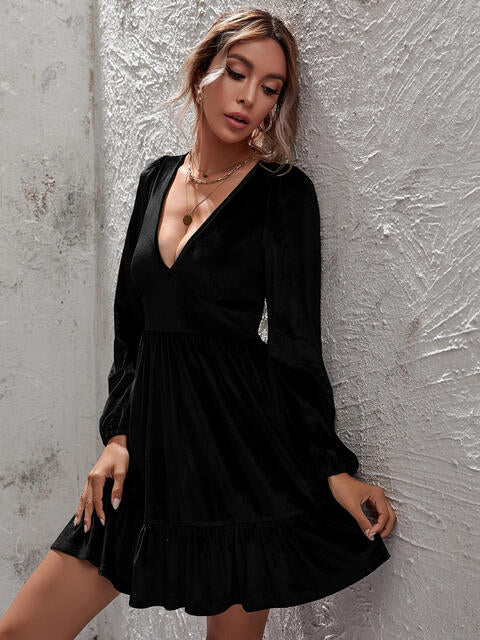 Plunge Long Sleeve Ruffle Hem Dress - Guy Christopher