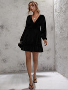 Plunge Long Sleeve Ruffle Hem Dress - Guy Christopher