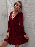 Plunge Long Sleeve Ruffle Hem Dress - Guy Christopher