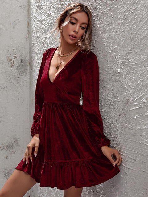 Plunge Long Sleeve Ruffle Hem Dress - Guy Christopher