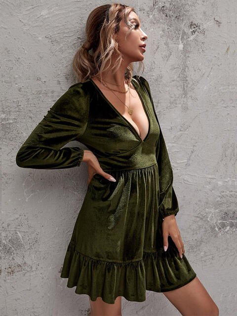 Plunge Long Sleeve Ruffle Hem Dress - Guy Christopher