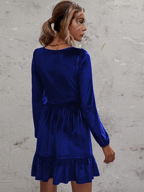 Plunge Long Sleeve Ruffle Hem Dress - Guy Christopher