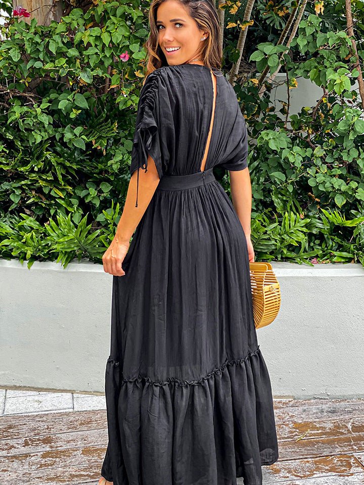 Plunge Neck Tie Sleeve Maxi Dress - Guy Christopher