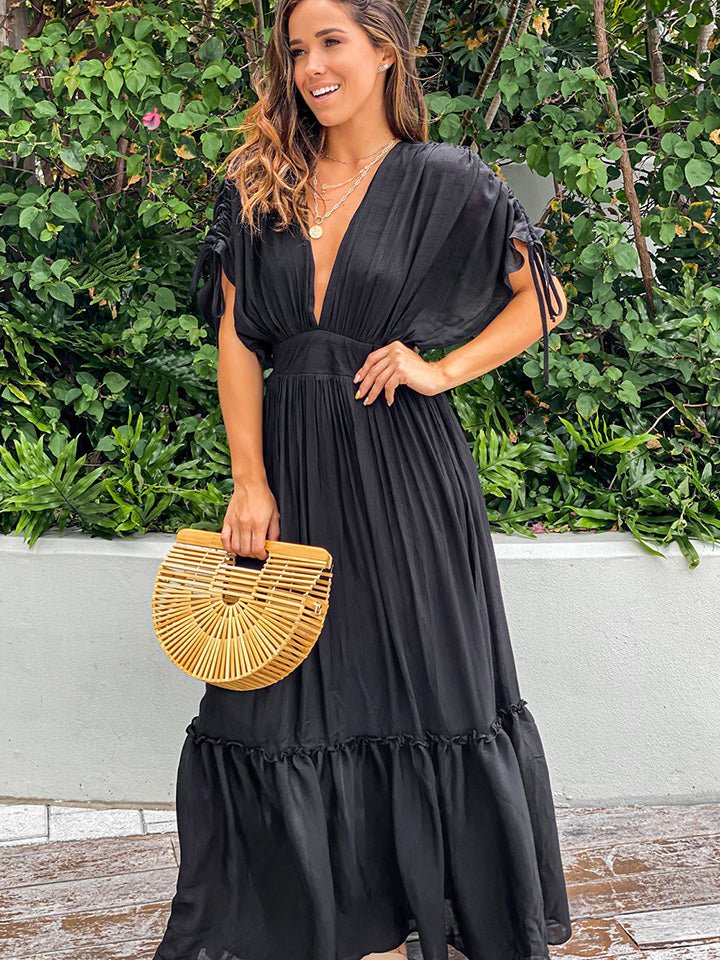 Plunge Neck Tie Sleeve Maxi Dress - Guy Christopher