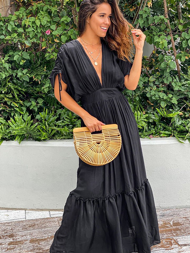 Plunge Neck Tie Sleeve Maxi Dress - Guy Christopher