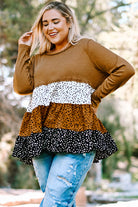 Plus Size Animal Print Color Block Ribbed Babydoll Top - Guy Christopher
