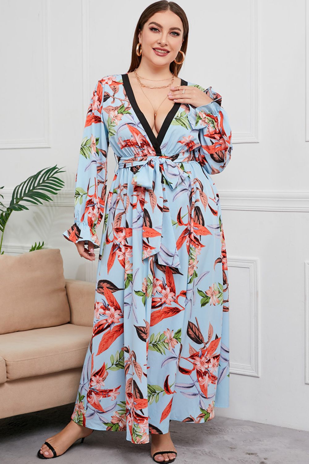 Plus Size Belted Surplice Flounce Sleeve Maxi Dress - Guy Christopher