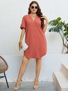 Plus Size Buttoned Notched Neck Shift Dress - Guy Christopher