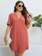 Plus Size Buttoned Notched Neck Shift Dress - Guy Christopher