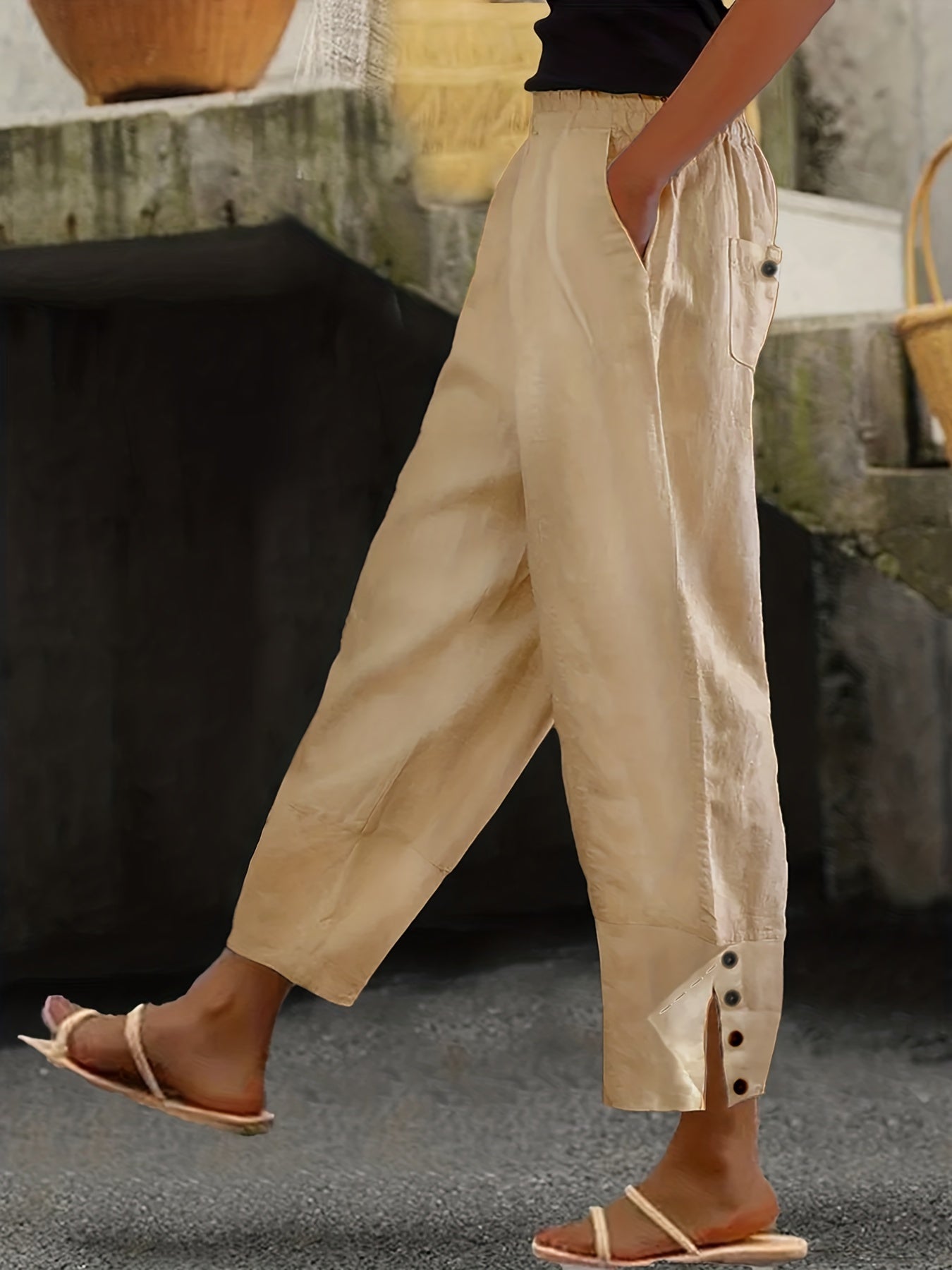 Plus Size Buttoned Slit Pants with Pockets - Guy Christopher