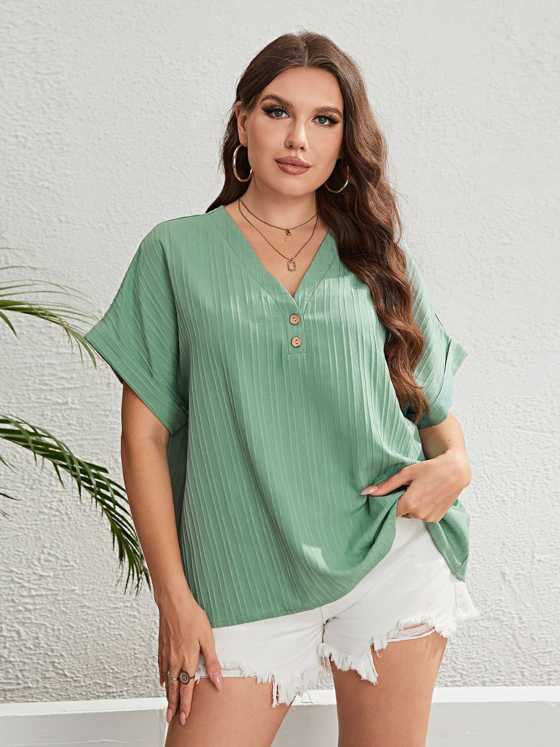 Plus Size Buttoned V-Neck Short Sleeve Top - Guy Christopher
