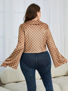 Plus Size Checkered Johnny Collar Flare Sleeve Shirt - Guy Christopher