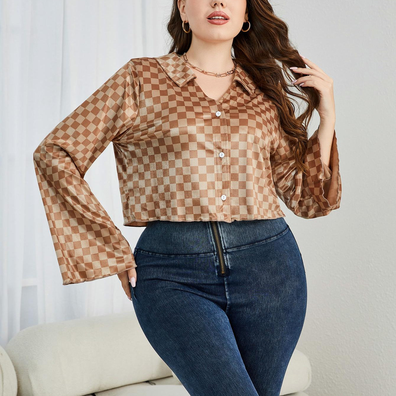 Plus Size Checkered Johnny Collar Flare Sleeve Shirt - Guy Christopher
