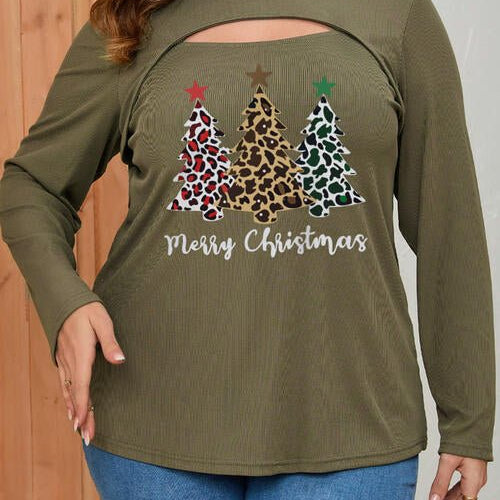 Plus Size Christmas Tree Graphic Cutout Round Neck Long Sleeve Blouse - Guy Christopher