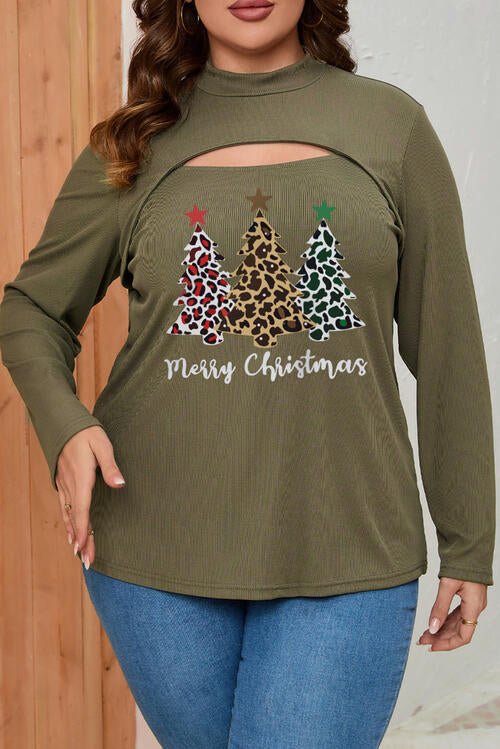 Plus Size Christmas Tree Graphic Cutout Round Neck Long Sleeve Blouse - Guy Christopher