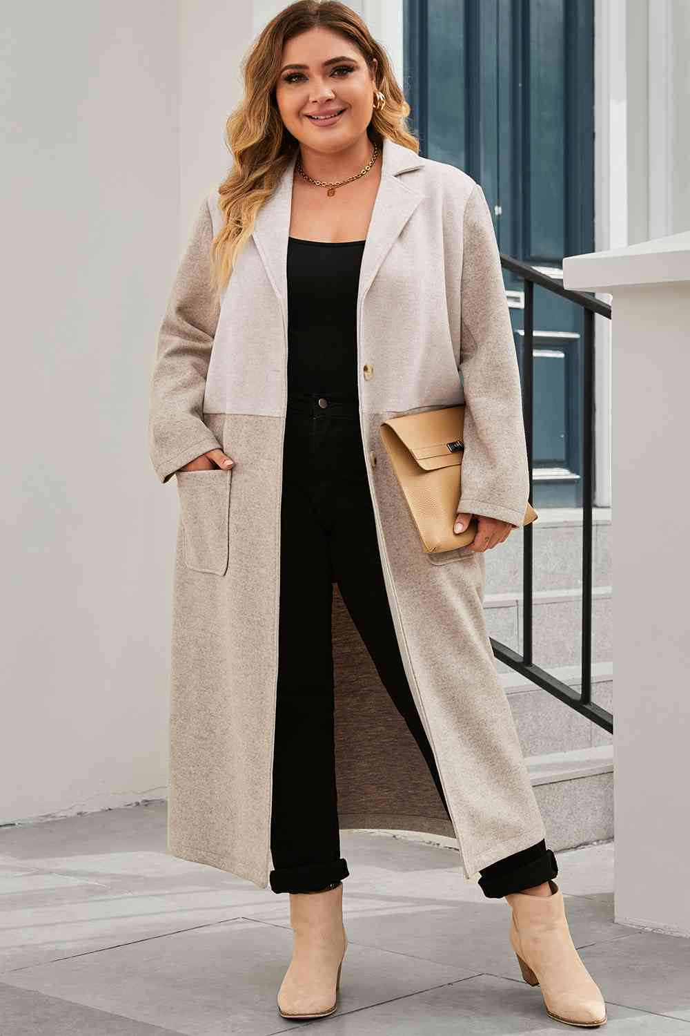 Plus Size Collared Neck Buttoned Longline Coat - Guy Christopher