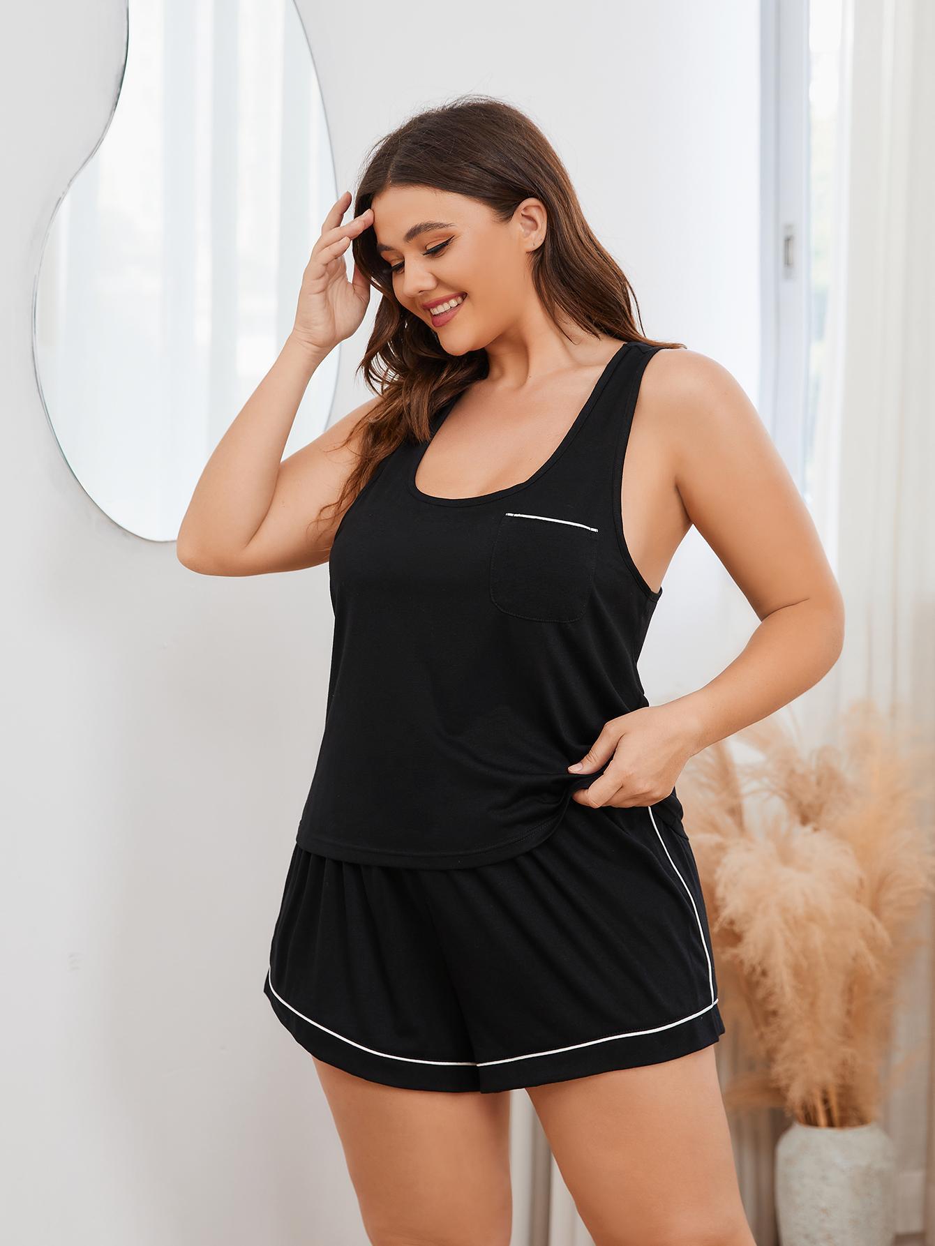 Plus Size Contrast Piping Racerback Tank and Shorts Lounge Set - Guy Christopher