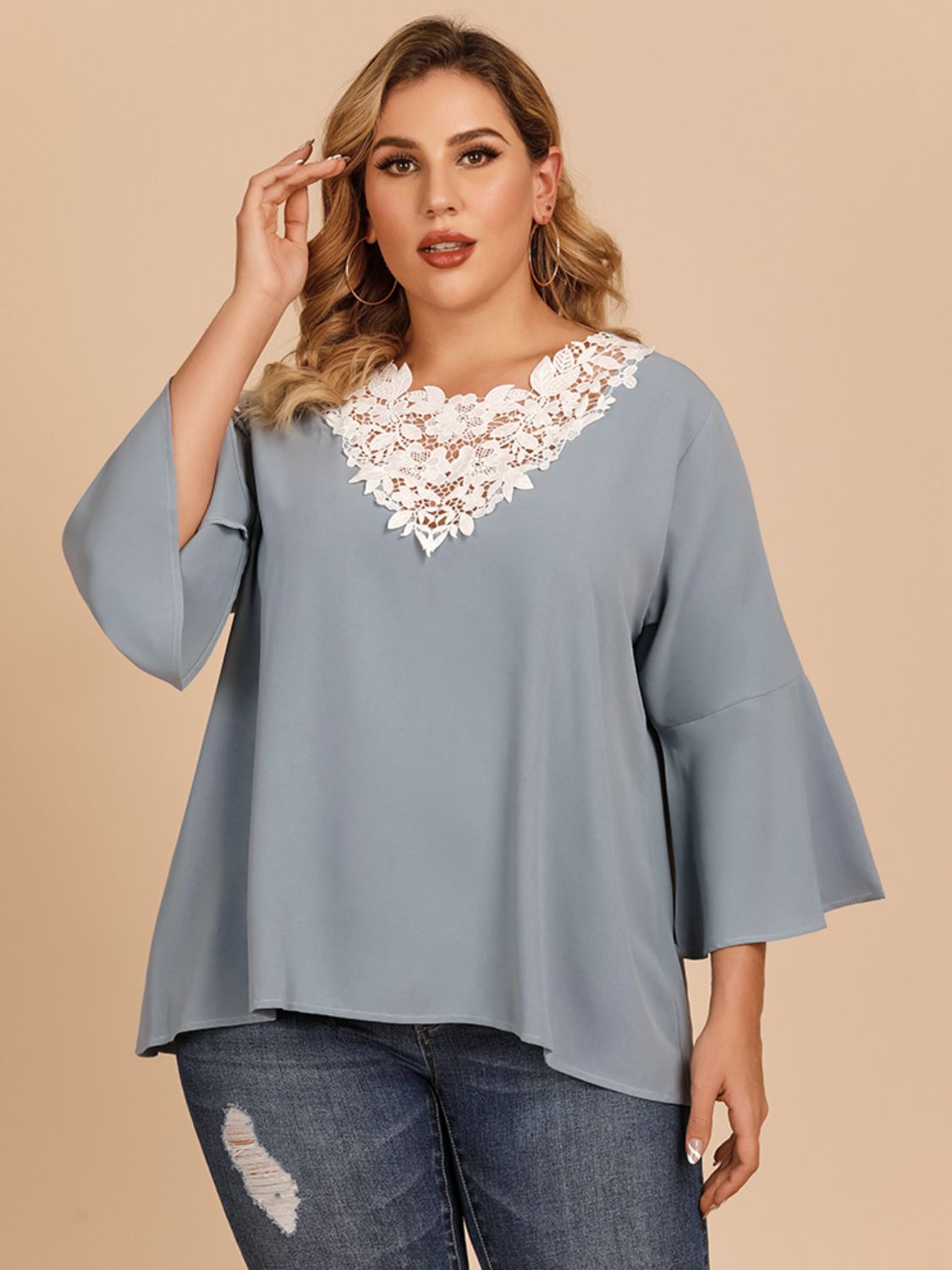 Plus Size Contrast Spliced Lace Three-Quarter Sleeve Blouse - Guy Christopher