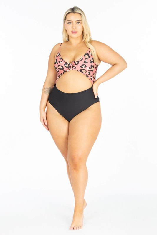 Plus Size Cut Out Pink Leopard Print Swimsuit - Guy Christopher