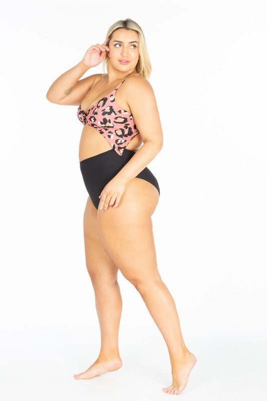 Plus Size Cut Out Pink Leopard Print Swimsuit - Guy Christopher