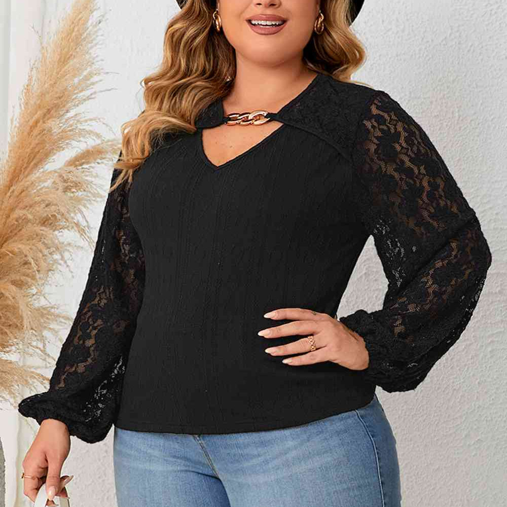 Plus Size Cutout Front Lace Sleeve Blouse - Guy Christopher