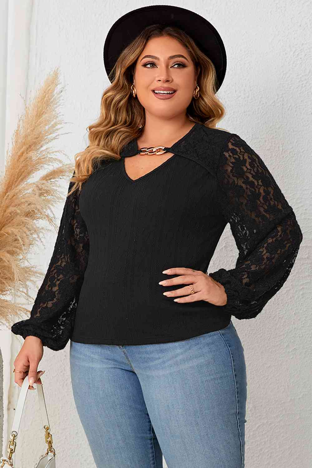 Plus Size Cutout Front Lace Sleeve Blouse - Guy Christopher