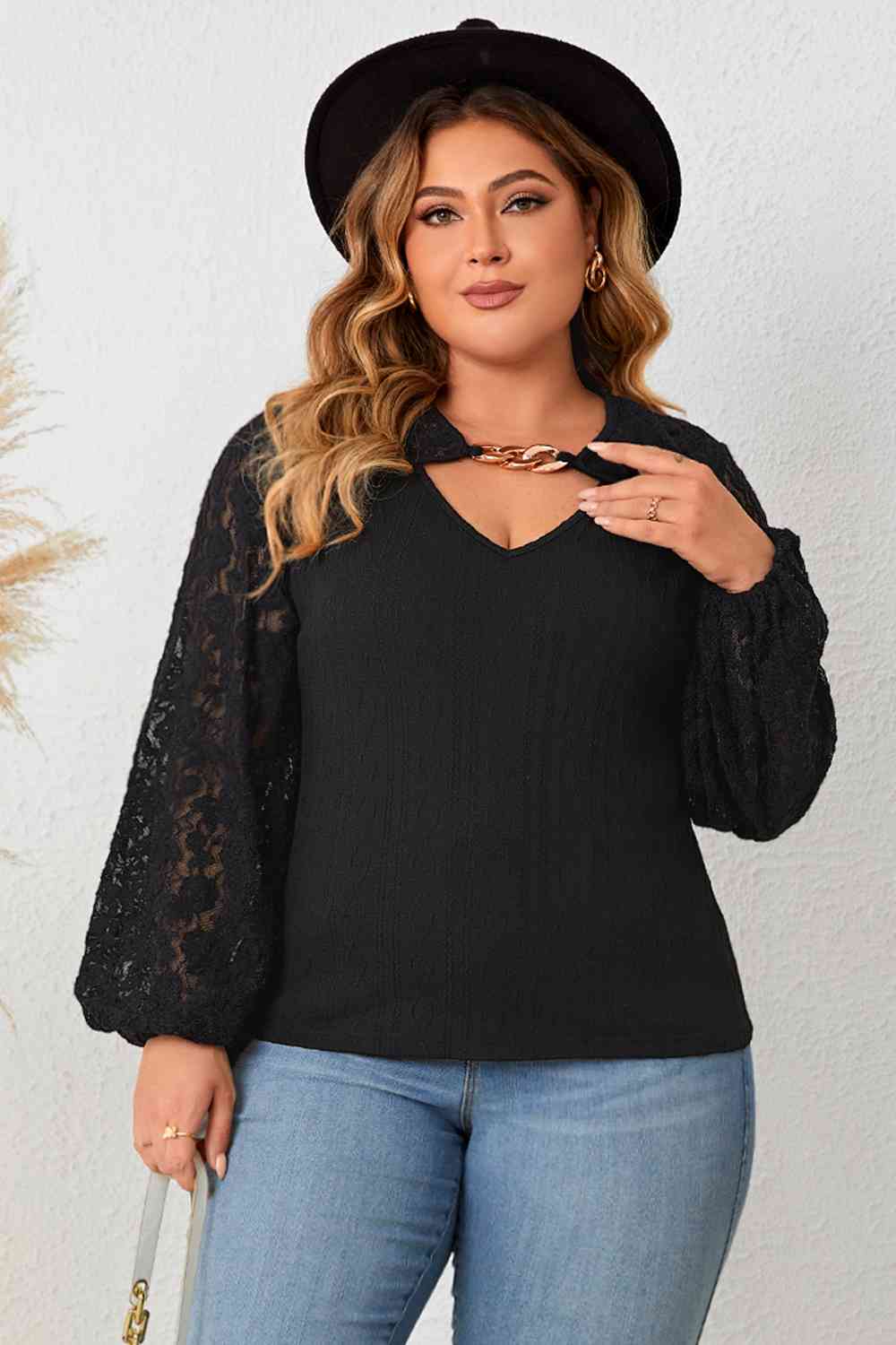 Plus Size Cutout Front Lace Sleeve Blouse - Guy Christopher